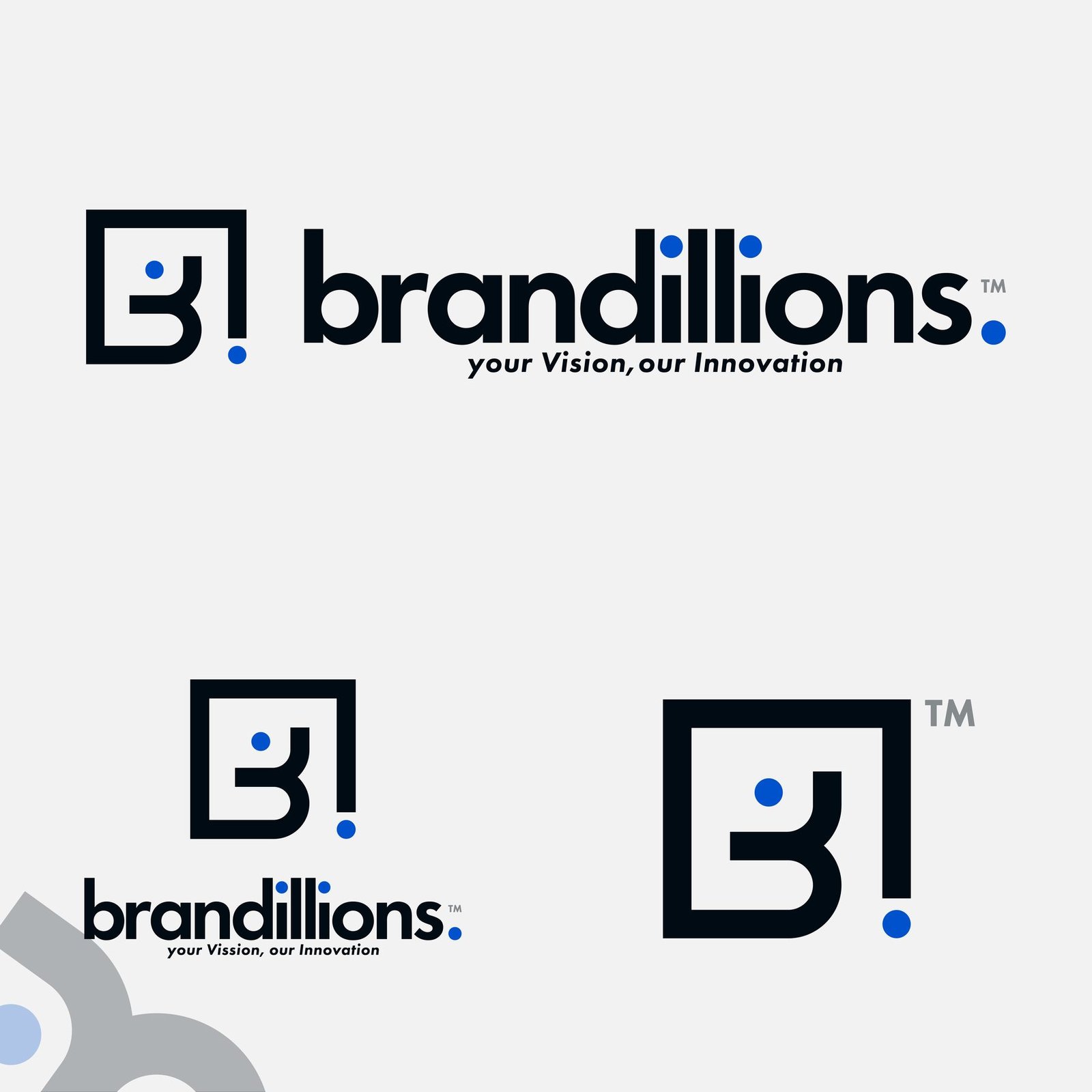 Brandillions logo lockup variations on light, teal and blue backgrounds