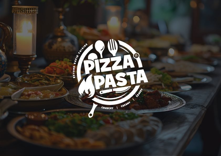 Pizza Pasta logo applied over a food table photography mockup
