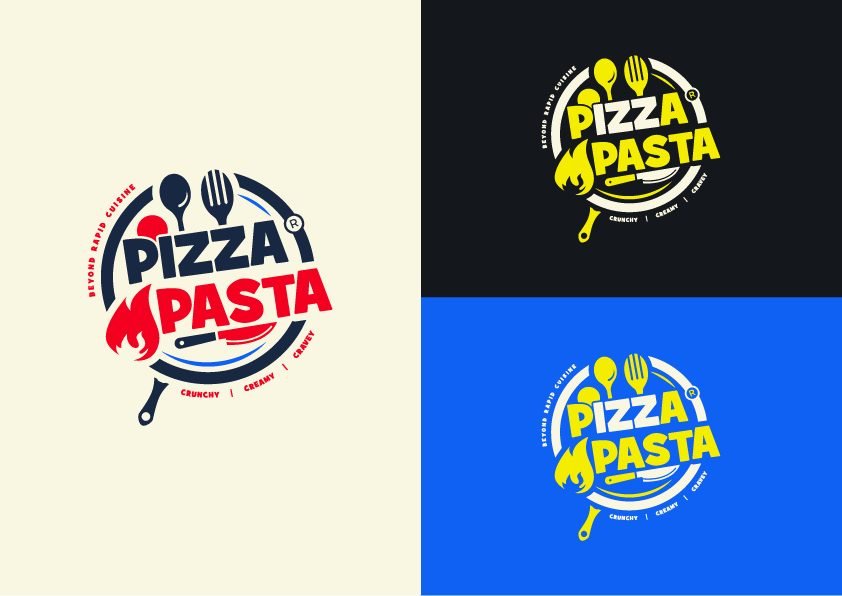 Pizza Pasta logo color variants on cream, black and blue backgrounds