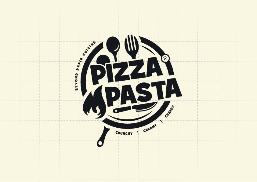 Pizza Pasta circular badge logo with fork, spoon and flame icon