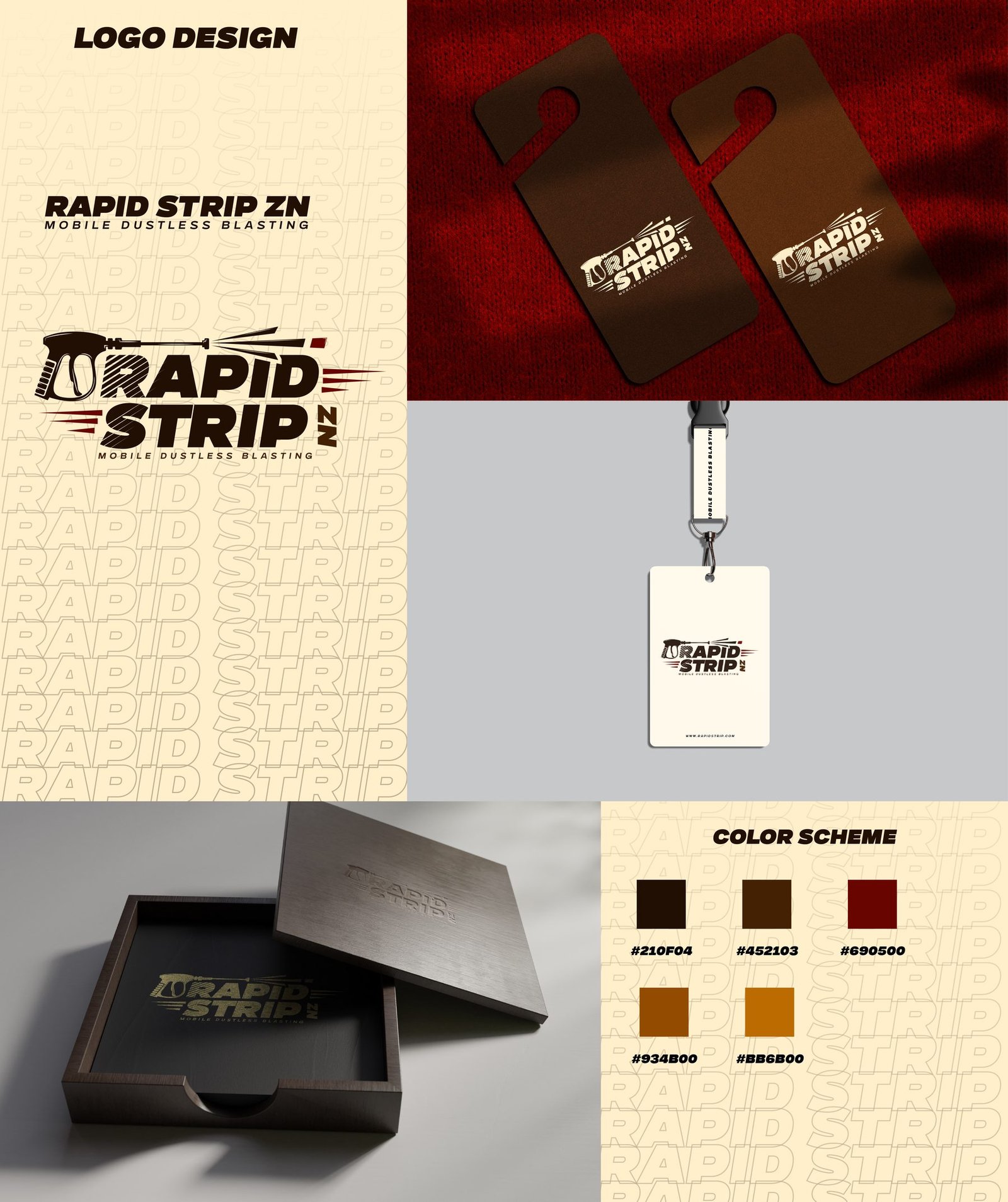 Rapid Strip NZ brand sheet with logo, color scheme and collateral mockups