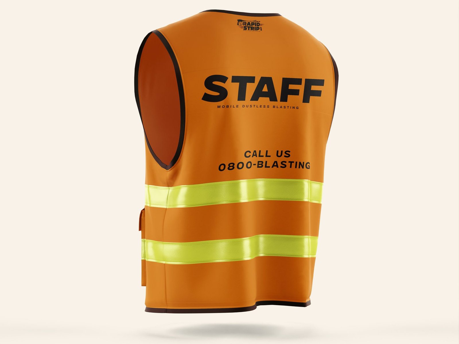 Rapid Strip NZ branded staff safety vest, back view with contact number